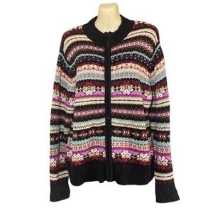 Vintage Y2K Heirloom Collectables Black Pink Fair Isle Zip Up Knit Sweater